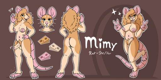 anthro big_breasts big_butt big_ears breasts buckteeth butt cheese dairy_products eyewear food foreskin genitals glasses gynomorph hair intersex long_hair mimy_(mintyfoxxe) penis pubes rat_tail solo tail teeth vein veiny_penis whiskers noriquatic mammal murid murine rat rodent 2:1 absurd_res hi_res model_sheet