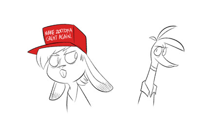 anthro baseball_cap beak clothing duo hat headgear headwear maga_hat politics shirt simple_background teeth text text_on_baseball_cap text_on_clothing text_on_hat text_on_headwear topwear white_background herny disney make_america_great_again zootopia espresso_(caffeinerabbit) herny_(character) anatid anseriform avian bird dabbling_duck duck hare lagomorph leporid mammal snowshoe_hare 2017 sketch