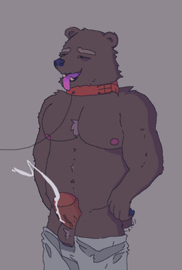 anthro ball_tuft balls bdsm biceps big_balls big_penis bodily_fluids bottomwear bottomwear_down brown_body brown_fur clothed clothing collar cum ears_up ejaculation eyebrows eyes_closed fluffy fur fur_tuft furry_balls genital_fluids genitals girthy glans grey_bottomwear grey_clothing grey_pants humanoid_genitalia humanoid_penis leash male muscular navel nipples pants pants_down partially_clothed paws pecs penis petplay red_collar red_penis roleplay sharp_teeth snout solo tail tail_motion tailwag teeth thick_eyebrows tongue tongue_out tuft bearcopper bear brown_bear mammal ursine