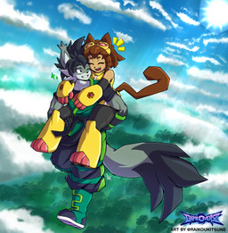 anthro brown_hair brown_tail detailed_background duo female female_anthro flying hair love male male/female male_anthro romantic romantic_couple tail raikoukitsune gameoverse glitch_productions kit_bodega rakurai_senku_(raikoukitsune) canid canine domestic_cat felid feline felis fox mammal storm_kitsune 2026 absurd_res hi_res