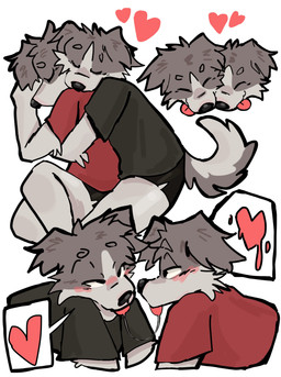 after_kiss anthro black_bottomwear black_clothing black_eyes black_nose black_shirt black_shorts black_topwear bodily_fluids bottomwear cheek_tuft circle_eyebrows clothed clothing duo eyebrows eyes_closed facial_tuft fur grey_body grey_fur head_tuft heart_reaction heart_symbol hearts_around_head hug looking_at_another male male/male narrowed_eyes red_clothing red_shirt red_topwear saliva saliva_string shirt shorts simple_background speech_bubble spooning tail tongue tongue_out topwear tuft white_background mintcashew canid canine canis domestic_dog mammal 2025 absurd_res hi_res