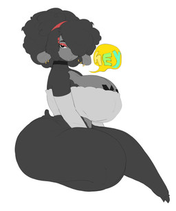 accessory anthro big_breasts big_butt black_body black_fur black_wool breasts butt choker clothed clothing crop_top dialogue ear_piercing eyelashes eyeshadow female fur grey_body hair hair_accessory hair_over_eye hairband hooves huge_breasts huge_butt huge_thighs jewelry lips makeup markings mole_(marking) necklace off_shoulder pasties piercing red_eyeshadow shirt side_view simple_background solo tail text thick_bottom_lip thick_thighs topwear white_background wide_hips wool_(fur) puppy_b bovid caprine mammal sheep 2026 english_text hi_res