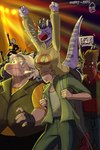 3_horns 5_fingers amber_eyes anthro backpack big_breasts black_body black_clothing black_gloves black_handwear black_scales black_sweatpants black_topwear black_vest blonde_hair bottomwear breasts brown_hair carrying_another clothing concert cross-popping_vein denim denim_bottomwear denim_clothing detailed_background devil_horns_(gesture) facial_horn facial_spikes female fingerless_gloves fingers frill_(anatomy) gesture gloves green_clothing green_eyes green_jacket green_topwear group hair hand_gesture handwear holding_object holding_sign hoodie horn human_on_anthro interspecies jacket jeans light-skinned_male light_body light_skin long_tail male motion_lines multi_horn multicolored_body multicolored_scales nose_horn pants piggyback purple_body purple_hair purple_scales red_body red_eyes red_scales red_sneakers scales short_hair sign spikes spikes_(anatomy) sweatpants tail tan_body tan_scales text topwear two_tone_body two_tone_scales vest white_body white_scales yellow_clothing yellow_hoodie yellow_topwear chervyarts cavemanon_studios goodbye_volcano_high i_wani_hug_that_gator snoot_game what_words_can't_say anon_(snoot_game) buster_(iwhtg) fan_character magnolia_blackwell_(wwcs) miguel_(chervyarts) ori_g_poster_(wwcs) trish_(gvh) ankylosaurian ankylosaurid ankylosaurus ceratopsian dinosaur human mammal ornithischian prehistoric_species reptile scalie thyreophoran triceratops 2025 absurd_res artist_name digital_drawing_(artwork) digital_media_(artwork) hebrew_text hi_res watermark