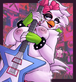 accessory beak beakstick black_eyeshadow blue_eyes bow_ribbon bracelet breasts clothing electric_guitar eyeshadow feathers female fingerless_gloves furgonomics gloves guitar hair hair_accessory hair_bow hair_ribbon handwear holding_guitar holding_musical_instrument holding_object jewelry lipstick makeup musical_instrument nipples non-mammal_breasts non-mammal_nipples plucked_string_instrument ribbons string_instrument thick_thighs white_body white_feathers white_hair wide_hips neodrani five_nights_at_freddy's five_nights_at_freddy's:_security_breach scottgames steel_wool_studios glamrock_chica avian bird chicken galliform phasianid hi_res