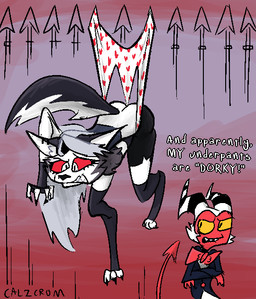 anthro bottomwear butt clothing dotted_underwear duo exposed_underwear fangs female hanging_wedgie heart_clothing heart_symbol heart_underwear hell humiliation male red_sclera ribbons shorts teeth underwear wedgie white_eyes calzcrom hellaverse helluva_boss mythology loona_(helluva_boss) moxxie_(helluva_boss) canid canid_demon canine canis demon hellhound imp mammal mythological_canine mythological_creature wolf