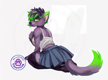 5_fingers anthro biped black_body breasts female fingers fur green_eyes green_hair hair looking_at_viewer looking_back rear_view solo cosettesk chloe_(ittybittykittychloe) hi_res