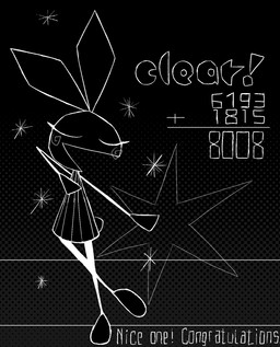 8008 anthro black_background blush exclamation_point eyes_closed female female_anthro score simple_background solo star text lizardfungus vib-ribbon vibri lagomorph leporid mammal rabbit 2025 digital_media_(artwork) english_text hi_res monochrome