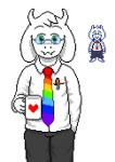 anthro beverage black_outline bottomwear clothed clothing coffee_mug container cup eyewear fully_clothed fur glasses green_eyes heart_container heart_print heart_symbol holding_coffee_mug holding_container holding_cup holding_mug holding_object horn lgbt_pride long_ears male mug multicolored_necktie multicolored_neckwear necktie outline pants pen pixelated_heart pride_color_necktie pride_color_neckwear pride_colors print_container print_mug rainbow_pride_colors rainbow_symbol red_heart seven-stripe_rainbow_pride_colors shirt simple_background solo sprite topwear white_background white_body white_fur writing_utensil frigadae undertale undertale_(series) asriel_dreemurr boss_monster_(undertale) bovid caprine goat mammal digital_media_(artwork) pixel_(artwork) portrait three-quarter_portrait