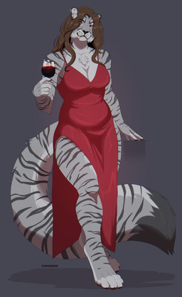 alcohol anthro barefoot beverage big_tail breasts brown_hair chest_tuft cleavage clothed clothing container cup dipstick_tail dress drinking_glass eye_through_hair fangs feet female fur glass glass_container glass_cup hair holding_container holding_cup holding_drinking_glass holding_object holding_wine_glass looking_at_viewer markings paws red_clothing red_dress red_eyes simple_background solo standing stripes tail tail_markings teeth text translucent translucent_hair tuft whisker_spots white_body white_fur wine wine_glass fudgebane felid mammal pantherine tiger 2026 absurd_res artist_name digital_media_(artwork) full-length_portrait hi_res portrait trans_(lore) trans_woman_(lore)
