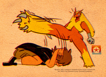 anthro beak clothed clothing cmyk copyright_symbol dodging ducking duo feathers feet hair kick logo male male/male red_body simple_background symbol talons text toes hoosierman9911a nintendo pokemon jon_(hoosierman9911a) avian bird blaziken generation_3_pokemon human mammal pokemon_(species) absurd_res artist_logo copyright_name digital_drawing_(artwork) digital_media_(artwork) english_text hi_res