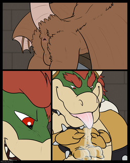 5_fingers anthro anus backsack balls black_border bodily_fluids border bracelet brown_balls brown_body butt claws collar drooling duo fingers fur genitals hair horn jewelry male male_anthro membrane_(anatomy) membranous_wings nude open_mouth perineum pink_tongue raised_tail red_eyes red_hair saliva scales shell smile spiked_bracelet spiked_collar spikes tail teeth tongue tongue_out wings yellow_body yellow_scales alexgoneloco mario_bros nintendo bowser plaguerat_(character) koopa mammal scalie 2015 4:5 comic digital_media_(artwork)