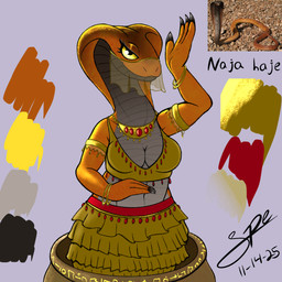 anthro armband bangle bedlah belly_dancer big_breasts bottomwear bra breasts brown_bottomwear brown_bra brown_clothing brown_skirt brown_underwear claws cleavage clothed clothing dancer_outfit dancing eyelashes female finger_claws grey_body grey_scales jewelry long_neck midriff multicolored_body multicolored_scales narrowed_eyes navel necklace non-mammal_breasts orange_body orange_scales scales skirt snake_hood solo two_tone_body two_tone_scales underwear veil ventral_scales yellow_eyes spe cobra egyptian_cobra elapid_(snake) reptile scalie snake true_cobra 1:1 2025 dated digital_drawing_(artwork) digital_media_(artwork) hi_res procreate_(artwork) signature