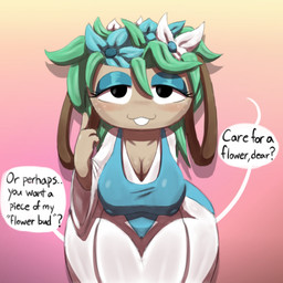 bedroom_eyes big_breasts breasts cleavage clothed clothing dress eyeshadow female flower for_a_head gradient_background leaning leaning_forward looking_at_viewer makeup narrowed_eyes nipple_outline not_furry plant plant_hair pseudo_hair seductive simple_background solo speech_bubble text thick_thighs wide_hips sillytypefella blushcrunch_studio dandy's_world roblox bassie_(dandy's_world) humanoid object_head toon_(dandy's_world) 1:1 english_text hi_res