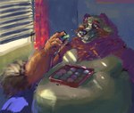 abdominal_bulge anthro belly big_belly box claws container curtains food fur furniture light living_room male mochi obese overweight sofa solo window pacific_coyote canid canine mammal raccoon_dog tanuki 2022 painting_(artwork) shaded