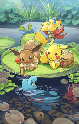 ambiguous_gender anthro apple bag blue_body bow_ribbon brown_body brown_eyes brown_fur fangs female feral food fruit fur grass green_body group lily_pad male markings open_mouth paws plant red_body red_eyes striped_markings stripes swimming teeth tongue water whiskers yellow_body hakkentai_pkdn nintendo pmd:_discovery_team_of_stars_and_souls pokemon pokemon_mystery_dungeon spike_chunsoft aquatic crocodilian eevee elemental_creature fish flora_fauna generation_1_pokemon generation_2_pokemon generation_5_pokemon generation_8_pokemon gossifleur magikarp pikachu pokemon_(species) reptile scalie sewaddle totodile 2024 hi_res