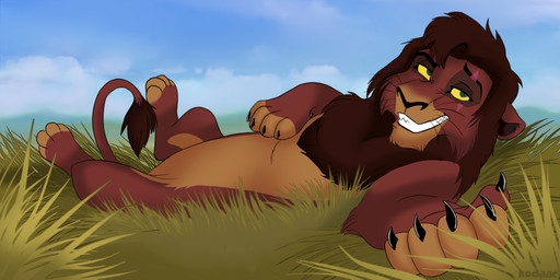 black_claws blue_sky brown_body brown_fur brown_mane claws day feral fur grass green_eyes grin looking_at_viewer male male_feral mane narrowed_eyes outside plant sky smile solo tail tail_tuft toony tuft yellow_sclera kodaac felid lion mammal pantherine 2:1