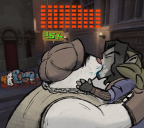 anthro chain_necklace clothing fur gameplay_mechanics gloves grey_body grey_fur gui handwear hat_over_eyes health_bar hug humor jewelry kissing making_out male male/male necklace shirt size_difference tank_top topwear white_body white_fur toastydumpster deadlock_(game) family_guy_death_pose valve kelvin_(deadlock) krill_(deadlock) mo_(deadlock) eulipotyphlan haplorhine human mammal mole_(animal) monkey primate meme
