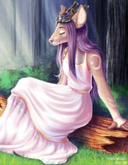 anthro antlers biped clothed clothing crown detailed_background dress ear_piercing eyes_closed female forest grass hair headgear horn inner_ear_fluff light light_beam log long_hair outside piercing pink_nose plant purple_hair shrub sitting solo sunbeam sunlight tree tuft wood eri-yo todesmarsch deer mammal 2018 artist_collaboration digital_media_(artwork) hi_res