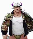 5_fingers anthro beverage_can biped body_hair brown_body brown_fur bulge camo camo_print can chest_hair clothing container fingers fur green_clothing green_underwear hair hand_in_pocket holding_can holding_container holding_object horn jacket male manly muscular muscular_male overweight pockets purple_eyes shirt simple_background solo topwear underwear white_background white_clothing white_hair white_shirt white_topwear p2yong lifewonders tokyo_afterschool_summoners shennong_(tas) bovid bovine cattle mammal