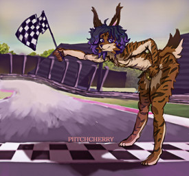 anthro arm_tuft bent_over bikini bulge checkered checkered_flag cheek_tuft clothing facial_tuft feet finish_line flag flag_(object) fur gold_bikini hair hand_on_hip hindpaw leg_tuft looking_at_viewer male messy_fur multicolored_body multicolored_fur multicolored_hair paws purple_eyes purple_hair racetrack shadow shoulder_tuft solo stands striped_body striped_fur stripes swimwear tail thigh_tuft tuft two-piece_swimsuit two_tone_body two_tone_fur two_tone_hair waving_flag pitchcarrion golden_week drex_the_lynx felid feline iberian_lynx lynx mammal 2026 digital_media_(artwork) digital_painting_(artwork) hi_res painting_(artwork) shaded signature