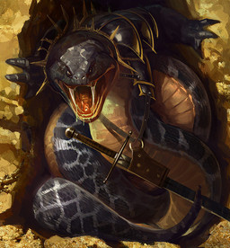 3_fingers anthro apode armor fangs fingers front_view grey_body grey_scales legless male melee_weapon open_mouth scabbard scales serpentine solo sword teeth weapon bartlomiej_gawel poxnora draconcopode naga digital_media_(artwork) official_art