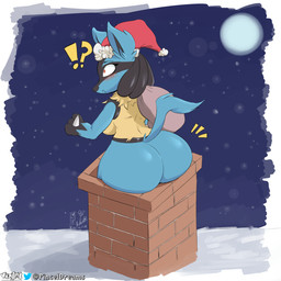 anthro big_butt blush butt chimney female in_chimney interrobang solo stuck viejillox nintendo pokemon canid generation_4_pokemon lucario mammal pokemon_(species) 1:1 digital_media_(artwork) hi_res shaded