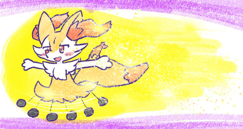 ambiguous_anthro ambiguous_gender anthro arms_out biped blush blush_stickers cartoon_physics dipstick_tail food front_view markings object_in_tail open_:3 open_mouth open_smile running shrimp_(food) simple_background smile snout solo tail tail_markings three-quarter_view annyui0611 nintendo pokemon braixen canid generation_6_pokemon mammal pokemon_(species) 2024 digital_drawing_(artwork) digital_media_(artwork) full-length_portrait hi_res japanese_description portrait translated_description