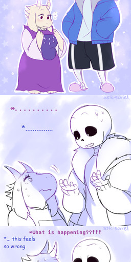 anthro blush bone clothing dialogue female hoodie horn interrobang jacket larger_male male size_difference skeleton smaller_female sorihell text topwear user_avatar ask-soriel tumblr undertale undertale_(series) sans_(undertale) toriel animated_skeleton boss_monster_(undertale) bovid caprine humanoid mammal undead absurd_res comic english_text hi_res