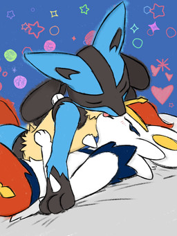 blue_body duo female fur kissing male male/female white_body xeffy nintendo pokemon cinderace generation_4_pokemon generation_8_pokemon lucario pokemon_(species) absurd_res hi_res