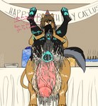 anthro anus balls big_balls big_penis birthday birthday_cake blue_paws bodily_fluids cake cum cum_covered_penis cum_inflation cum_inside dessert duo excessive_cum excessive_genital_fluids food gaping gaping_anus genital_fluids genitals gift huge_balls huge_penis hyper hyper_balls hyper_genitalia hyper_penis impregnation inflation male male/male paws penis pregnant pregnant_anthro pregnant_male text chaosdraws caelus gabriel_fahn canid canine canis felid lion mammal pantherine wolf hi_res