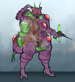 2_horns anthro areola armor balls big_breasts biopunk bodily_fluids breasts brown_body brown_skin carapace clothed clothing dripping flaccid footwear futuristic genitals gun gynomorph headgear helmet high_heels holding_object horn intersex long_nipples machine mask medical_instrument merging milking_machine montgomery_glands musk nipples nude overweight overweight_anthro overweight_gynomorph overweight_intersex oxygen_mask partially_clothed penis penis_pump purple_body raised_arm ranged_weapon sagging_breasts science_fiction scientific_instrument shoes simple_background small_balls small_penis solo standing steam stretch_marks sweat tally_marks technology tentacles thick_thighs unusual_tally_marks weapon western_tally_marks wide_hips wittless-pilgrim animate_inanimate arthropod humanoid living_armor living_clothing symbiote absurd_res colored digital_drawing_(artwork) digital_media_(artwork) hi_res signature watermark