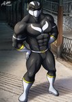 abs anthro armor big_pecs black_clothing black_suit boots clothing footwear gloves handwear headgear helmet male moobs muscular muscular_anthro muscular_male navel nipples pecs shoes solo suit superhero tight_clothing white_boots white_clothing white_footwear white_gloves white_handwear alkan black_alto cetacean dolphin mammal marine toothed_whale absurd_res hi_res