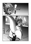 absurd_res anthro ball_bulge bottomwear butt clothing cody_the_coelophysis_(character) coelophysis comic dinosaur exclamation_point feathered_dinosaur feathered_scalie feathers hi_res male monochrome reptile scalie screentone shaking_butt shorts solo taboo_tails_(copyright) theropod white_crest_(artist)