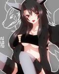 4:5 alternate_species animal_humanoid black_hair breasts canid canine cleavage clothed clothing female generation_3_pokemon grey_background hair hi_res human humanized humanoid humanoidized long_hair looking_at_viewer mammal mightyena navel nintendo pokemon pokemon_(species) pokemon_humanoid pokemorph red_eyes simple_background solo takeshima_(nia) tongue tongue_out under_boob