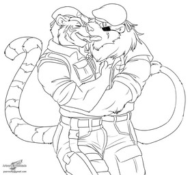 anthro army biceps big_muscles bulge clothed clothing duo eye_patch eyes_closed eyewear french_kissing heart_symbol kissing male male/male military muscular muscular_male simple_background tail tongue tongue_out white_background wolfblade felid lion mammal pantherine tiger black_and_white monochrome source_request