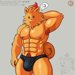abs anthro anthrofied armpit_hair beady_eyes big_bulge black_clothing black_eyes body_hair bottomwear boxer_briefs bulge clothed clothing fluffy fur hair happy_trail male muscular muscular_anthro muscular_male nipples obliques orange_body orange_fur pants patreon_username pecs pokemorph pube_peek pubes red_hair red_nose serratus simple_background solo stocky text topless topless_male tuft underwear v-cut boobfan06 nintendo pokemon canid generation_10_pokemon mammal pokemon_(species) pombon 1:1 2026 artist_name digital_drawing_(artwork) digital_media_(artwork) shaded simple_shading