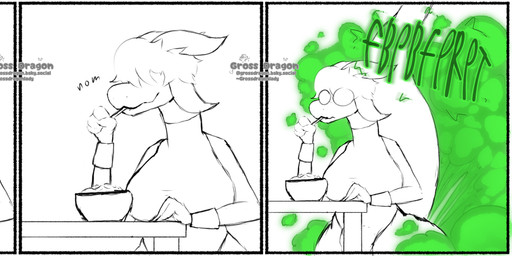 anthro breasts clothed clothed_anthro clothing eating eating_food fart fart_cloud fart_fetish female food green_fart_cloud solo sound_effects text dragonlady_(artist) mythology dragon mythological_creature mythological_scalie scalie absurd_res comic english_text hi_res