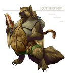 anthro belly book brown_body brown_fur chain claws clothed clothing digit_ring digitigrade english_text finger_ring fur gulonine holding_book holding_object jewelry male mammal mustelid musteline overweight overweight_anthro overweight_male simple_background smile solo staff standing taleron text toe_claws white_background wolverine