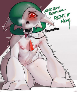 all_fours bell_choker biped blush dialogue female flat_chested genitals green_hair hair hair_over_eye in_heat inviting_to_sex looking_at_viewer nipples nude nude_female red_eyes solo text thick_thighs vulva white_body wide_hips fir3born nintendo pokemon gardevoir generation_3_pokemon humanoid pokemon_(species) english_text hi_res