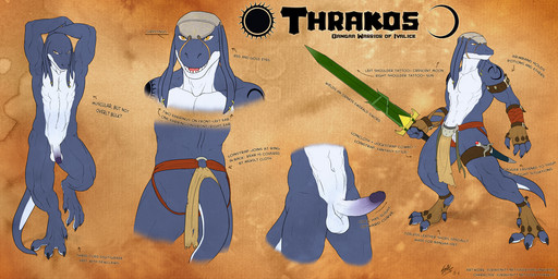 3_toes abs amber_eyes anthro arm_wraps athletic balls black_claws blue_body blue_scales bottomwear circumcised claws clothing dagger digitigrade erection feet fingerless_gloves flaccid genitals gloves handwear humanoid_genitalia humanoid_penis loincloth male markings melee_weapon muscular muscular_anthro nude pecs penis scales solo sword tattoo text toes tribal weapon white_balls white_body white_skin wraps spelunker_sal final_fantasy square_enix thrakos bangaa reptile scalie 2:1 english_text hi_res model_sheet