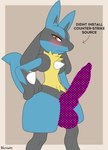 animal_genitalia animal_penis balls big_penis blue_body blue_fur blush canine_genitalia canine_penis clothed clothing directional_arrow erection frown frowning_at_viewer fur genitals hair hand_on_hip humor knot knotted_penis looking_at_viewer male missing_texture penis presenting simple_background solo spikes spikes_(anatomy) standing tail text conditional_dnp varium nintendo pokemon generation_4_pokemon lucario mammal pokemon_(species) digital_media_(artwork) english_text flat_colors hi_res