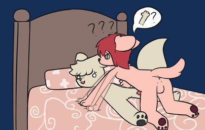 all_fours amputee andromorph anthro anus balls bed blind cataract confusion disability duo erection feet fur furniture genitals grey_body grey_eyes grey_fur hair hindpaw intersex lying male missing_arm paws penis pink_body pink_fur question_mark red_hair vulva piebunny canid canine domestic_cat felid feline felis fennec_fox fox mammal true_fox alpha_channel