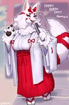 anthro asian_clothing biped blurred_background blush breasts clothed clothing east_asian_clothing female fur green_eyes heart_symbol holding_fan horn japanese_clothing kimono open_mouth open_smile pawpads smile solo tail teeth text white_body white_fur white_tail sususuigi canid canine fox mammal 2024 hi_res