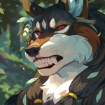 anthro bared_teeth black_body black_fur black_sclera blurred_background brown_body brown_fur cheek_tuft chest_tuft facial_tuft fangs fur male outside plant red_eyes solo teeth tree tuft white_body white_fur corzh77 canid canine canis mammal wolf 1:1 bust_portrait hi_res portrait