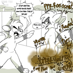 angry anthro brown_fart_cloud butt duo fart fart_cloud fart_fetish female female_farting female_pooping implied_pooping implied_scat male male/female mischievous mischievous_smile nude nude_female profanity sound_effects text king-triangle american_opossum mammal marsupial procyonid raccoon 1:1 english_text hi_res