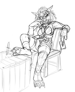 anthro armor biped box card chair claws clothed clothing container crate dagger eye_patch eyewear female fur furniture hair long_hair melee_weapon pawpads playing_card reclining simple_background sitting solo toe_claws weapon white_background tooth-n-draw_(artist) blizzard_entertainment warcraft canid mammal werecanid werecreature worgen monochrome sketch