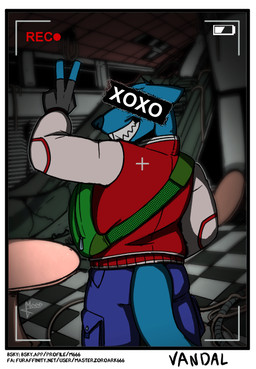 alternate_universe anthro camera camera_effect censor_bar clothing crumbling_building dark fingerless_gloves gloves grin handwear jacket male mall pack smile solo topwear vandal_shipwrecked64 xoxo masterzoroark666 vandal mammal murid murine rat rodent unknown_species