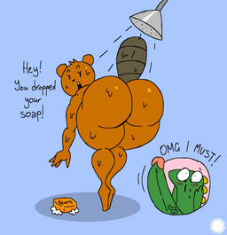 4_fingers anthro big_butt big_penis blush blush_lines bodily_fluids brown_body brown_fur bubble_butt buckteeth butt curvy_figure duo erection eyelashes femboy fingers fur genitals glistening glistening_butt glistening_head green_body head_tuft huge_penis humanoid_genitalia humanoid_penis logo looking_back male penis presenting presenting_hindquarters raised_tail rear_view scales soap suds sweat sweatdrop tail teeth text thick_thighs tuft vein veiny_penis wide_hips thatdawgmurray beaver_and_steve beaver_(beaver_and_steve) steve_(beaver_and_steve) beaver lizard mammal reptile rodent scalie aliasing artist_logo artist_name digital_media_(artwork) english_text hi_res signature