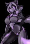 anthro big_breasts black_latex breasts clothing corruption covered_mouth drone dronesuit eyelashes female glowing glowing_eyes hand_behind_head latex latex_clothing latex_skinsuit looking_at_viewer markings purple_eyes purple_glow purple_markings rubber_clothing skinsuit solo standing tight_clothing chaoscroc victory_vixen canid canine fox mammal 2022 hi_res