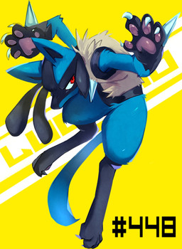 4_fingers 4_toes abstract_background ambiguous_gender black_body black_fur blue_body blue_fur claws feet fighting_pose fingers frown fur furrowed_eyebrows hunched_over jumping number pawpads pose red_eyes scowl simple_background solo spikes tan_body tan_fur toes yellow_background psibunny nintendo pokemon generation_4_pokemon humanoid lucario pokemon_(species) absurd_res hi_res tagme